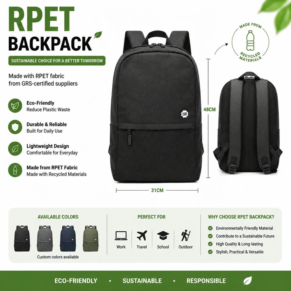 Custom RPET backpack - recycled polyester eco bag manufacturer